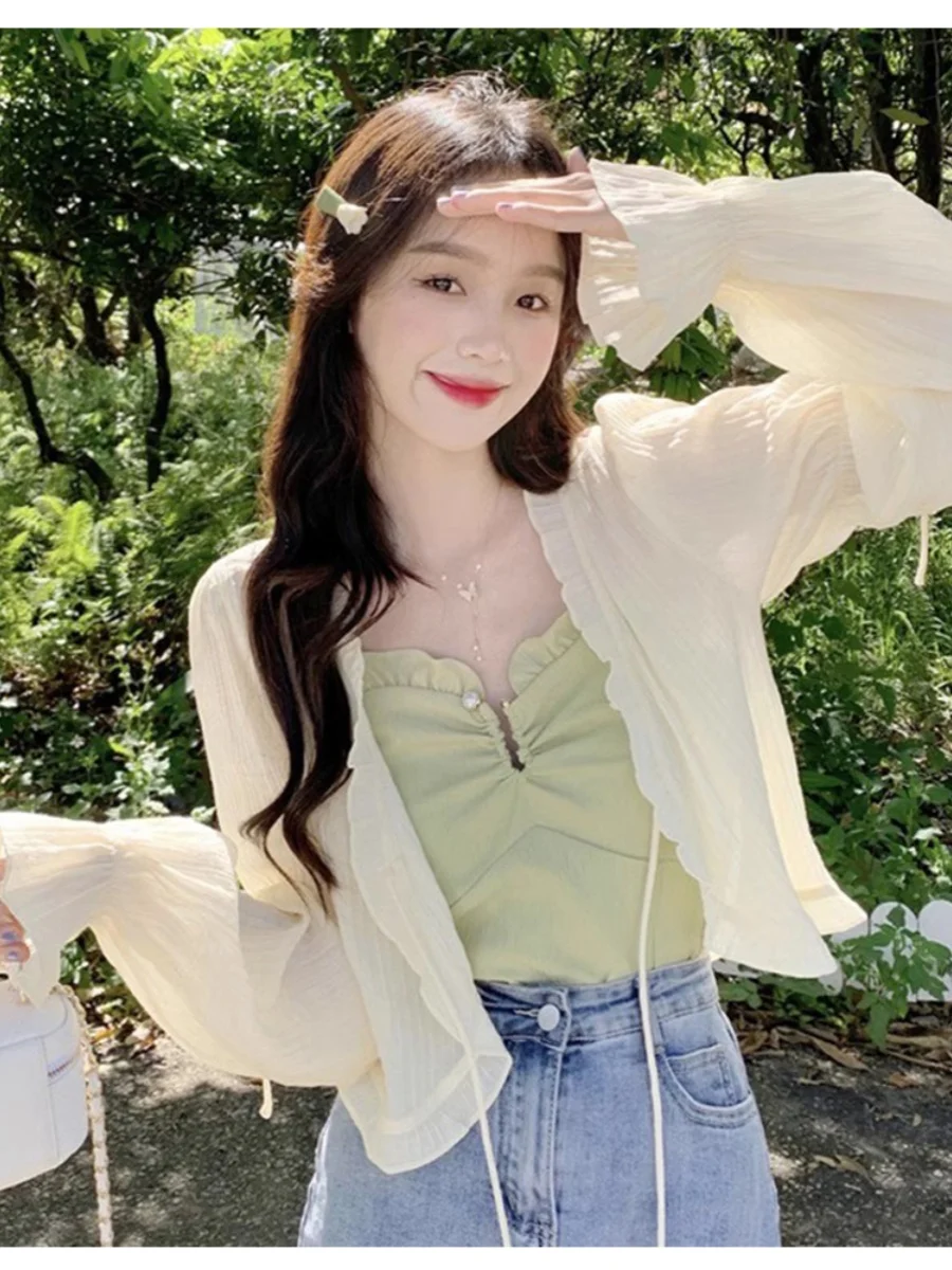 

Женский летний тонкий кардиган-жакет в корейском стиле с V-образным вырезом, коротким и длинным рукавом, однотонный, для повседневной носки, модный