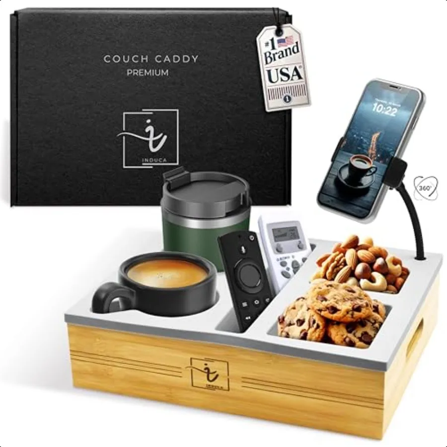 

Couch Caddy with Cup Holder Tray Silicone Bamboo with a Fully Flexible 360 Phone Mount That adapts to Any Viewing Angle Multifu