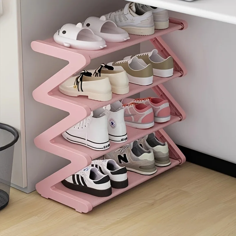 4-stufiges stapelbares Schuhregal in Z-Form – freistehend für Wohnzimmer/Wohnheim – Montage ohne Werkzeug, langlebiges Metall + Kunststoff, platzsparend
