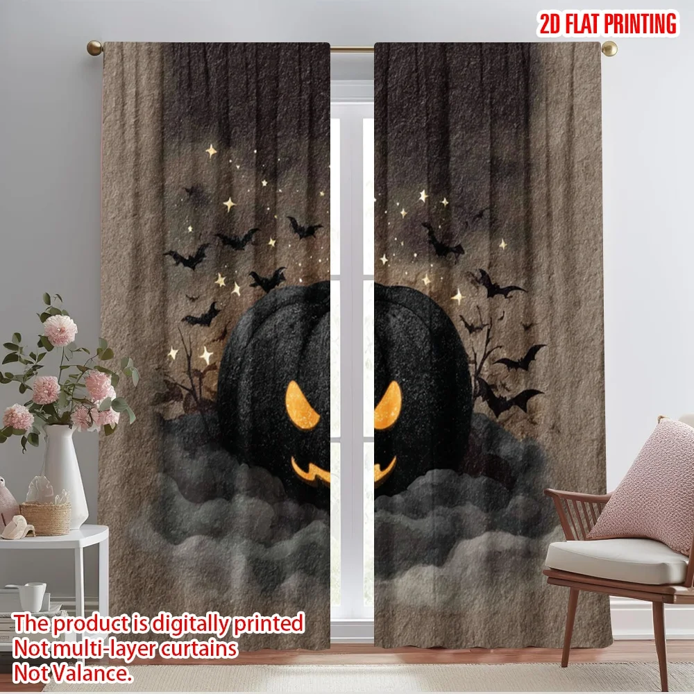 

2pcs,2D plane printing Print Curtains Halloween Pumpkin Polyester Easy Install (without rod) Outdoor Decorations Use for Living