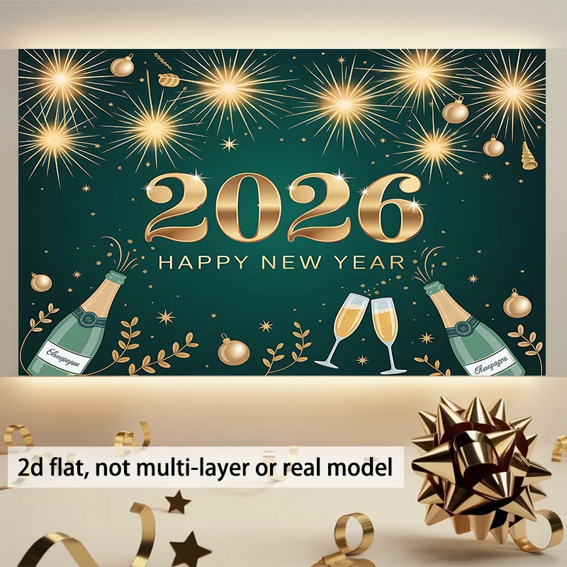 Happy New Year 2026 Celebration Wall Background golden glittering and shining stars durable polyester Free Hooks Included