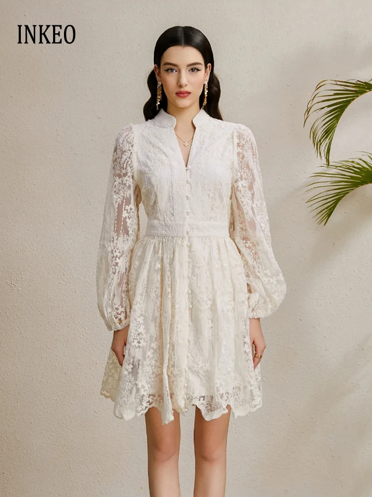 

Пляжное мини-платье с кружевной вышивкой для женщин, новинка 2025 года, стильные винтажные платья с v-образным вырезом и длинными рукавами, однотонные платья INKEO 5D213