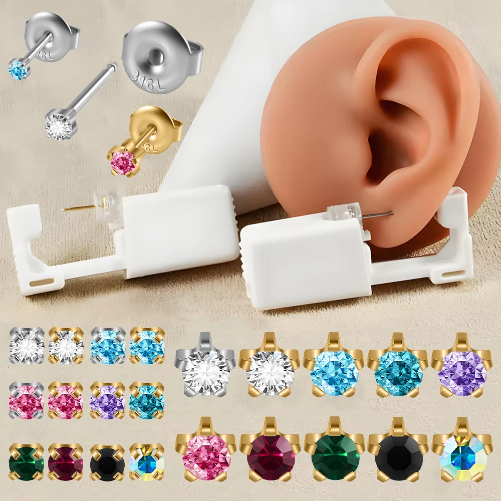 1pc estéril descartável sem dor dispositivo de piercing de orelha cartilagem mais segurança piercing arma kit de ferramentas unidade embutida cz brinco parafuso prisioneiro