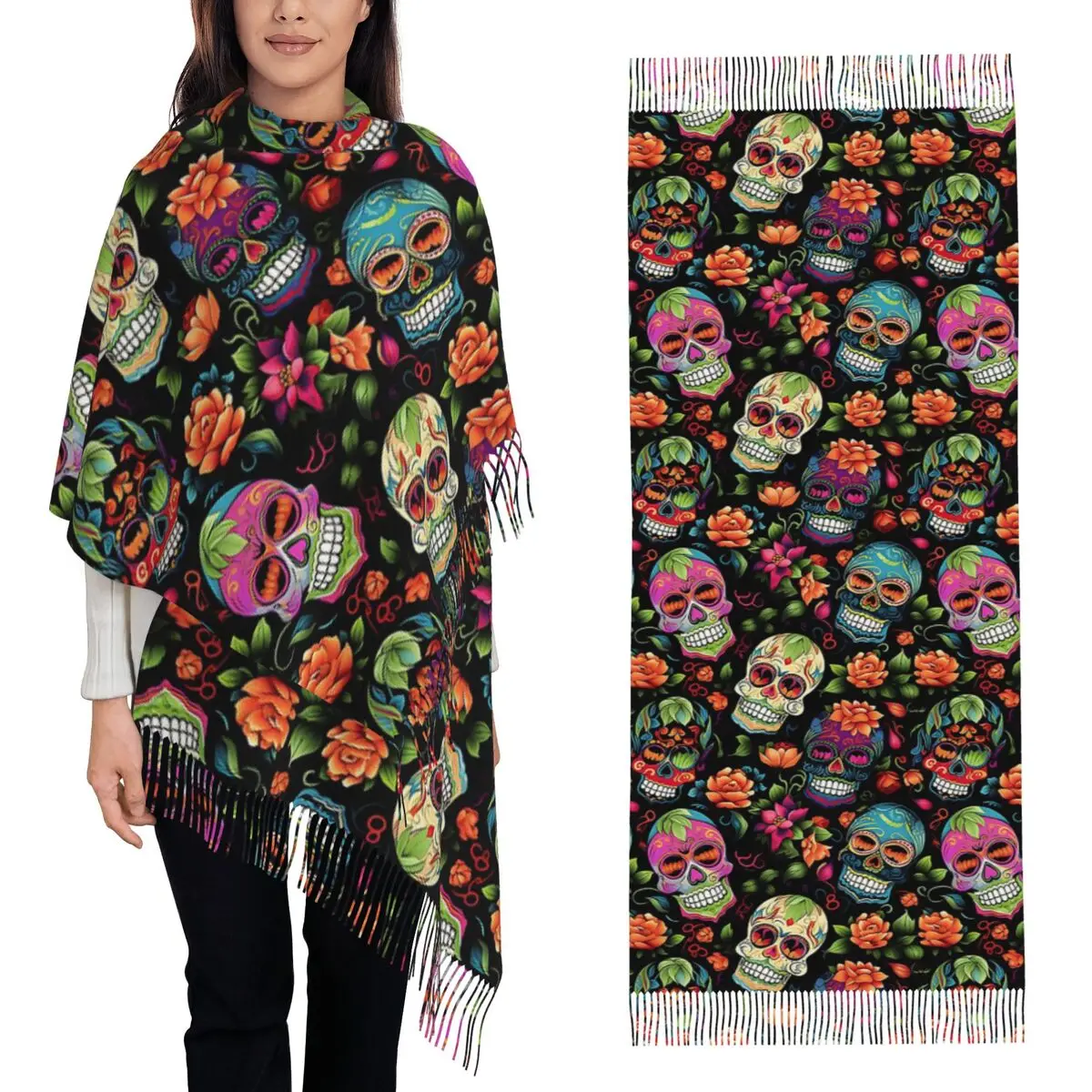

Day Of Dead And Floral Skull Pattern Scarf Tassel Scarves for Women Soft Warm Shawls and Wraps Long Fall Winter Shawl Wrap