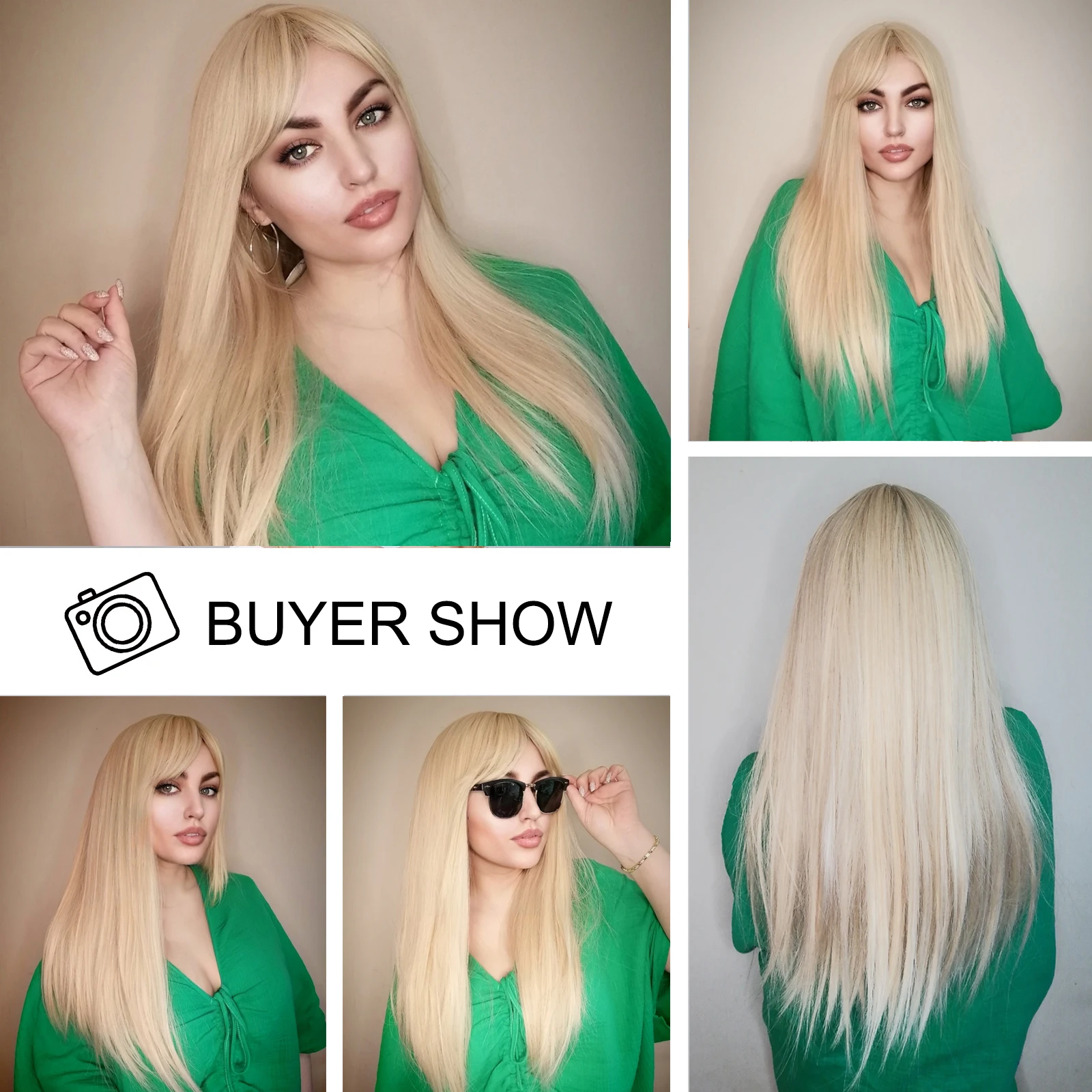 GEMMA Synthetic Light Blonde Long Straight Wig with Bangs Natural Cosplay Hair Wigs for White Women Heat Resistant Fake Hair