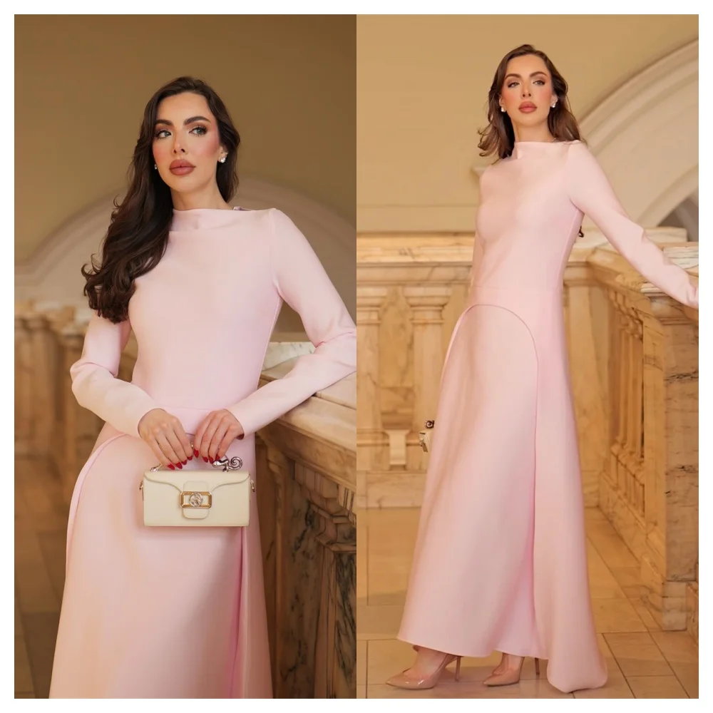 Personalizado moderno rosa cetim vestido de noite elegante tripulação pescoço mangas compridas vestido de festa formal tornozelo comprimento vestidos de celebridades