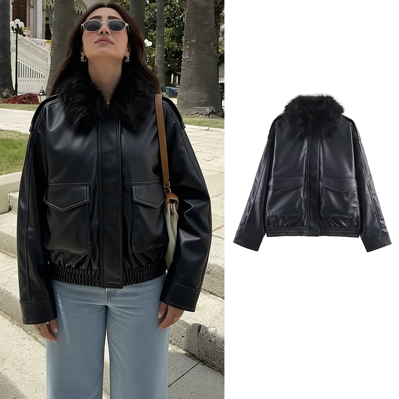 

Women leather Jacket 2025 Women Detachable Fur Collar Long Sleeve Zipper Jacket High Street Short Coat Lady Autumn New Outerwear