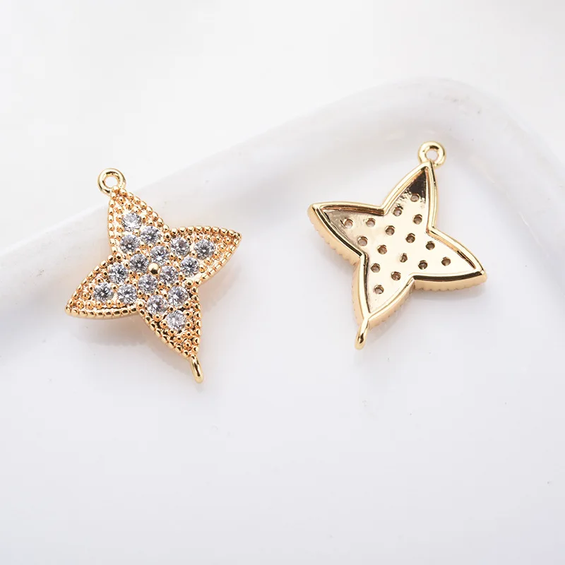 (1875)4PCS 11x15MM 24K Gold Color Brass with Zircon Flower Connector Charms High Quality DIY Jewelry Making Findings Accessories