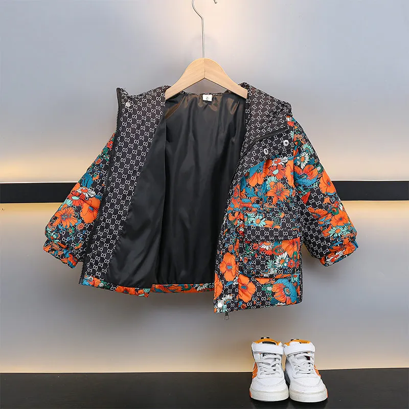 

Thiened down Cotton Jaet for Boys Winter Coat Floral Print Youth Faion Stand Fit Home Wear Multi-ket Design