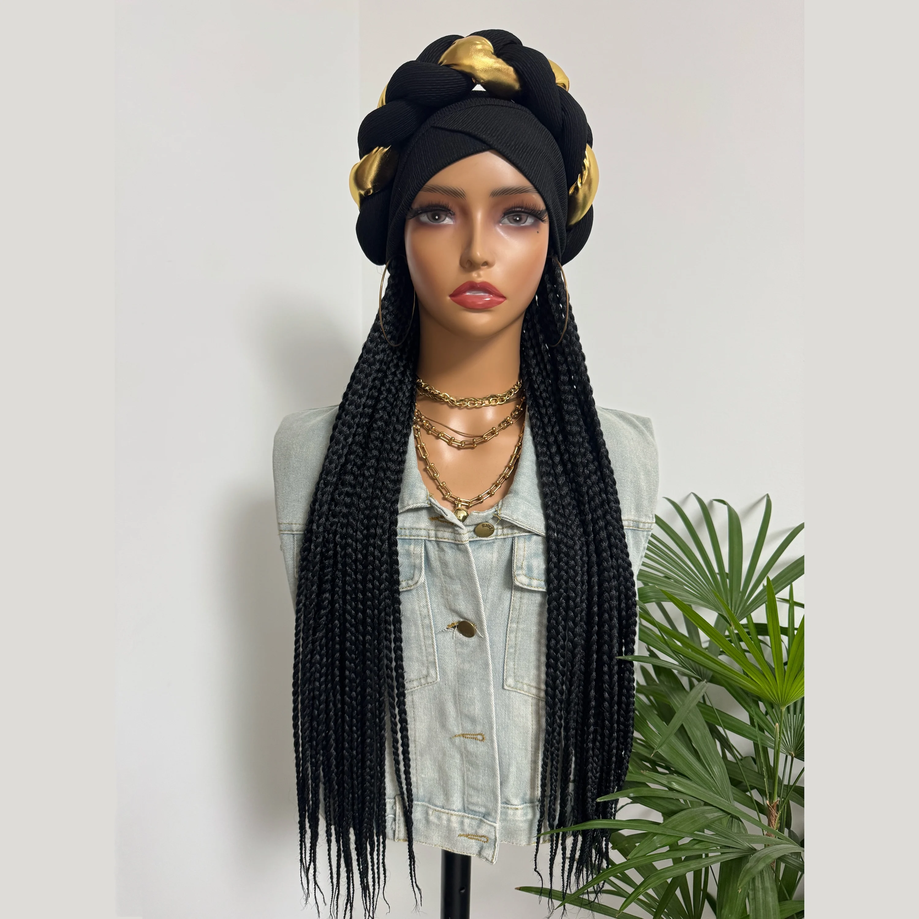 WIGERA Long 24Inch Synthetic Black Box Braided With Black Blonded Headband Turban Hat Box Braiding Hair Extensions For Women