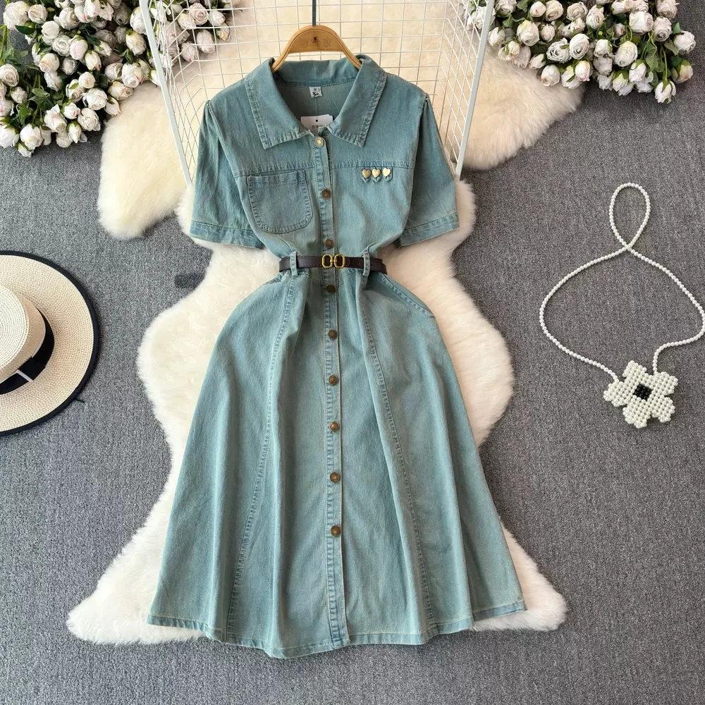 Women denim long dress for woman turn-down collar single breasted short sleeve pockets A line denim jean maxi dresses vestidos