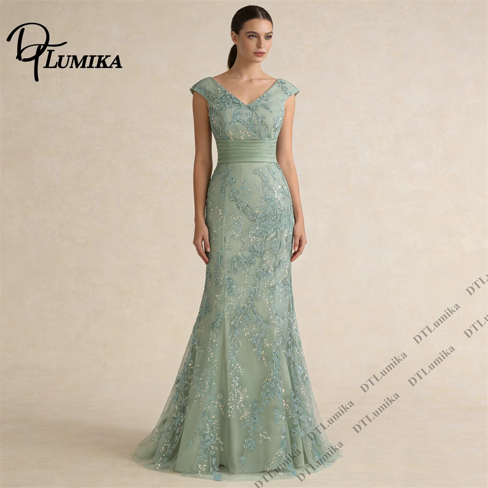 

Sage Green Mesh Formal Dress for Women, Elegant Cap Sleeves V Neck Wedding Guest. Mother of the Bride Dresses Customized
