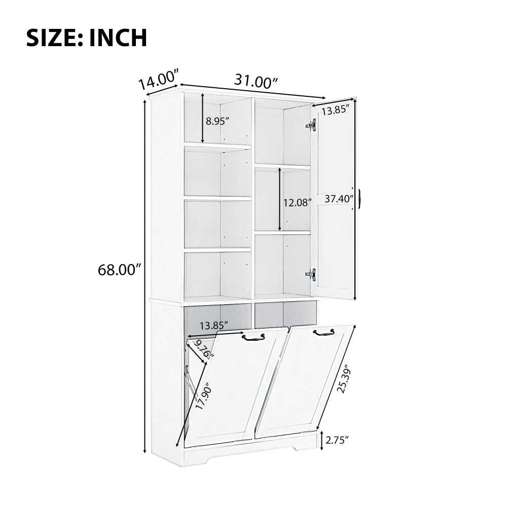 Armoire de rangement avec portes et égouts de proximité, panier à linge inclinable, plusieurs espaces de rangement, meubles de salle de bain, armoire de salle de bain, HOStorage