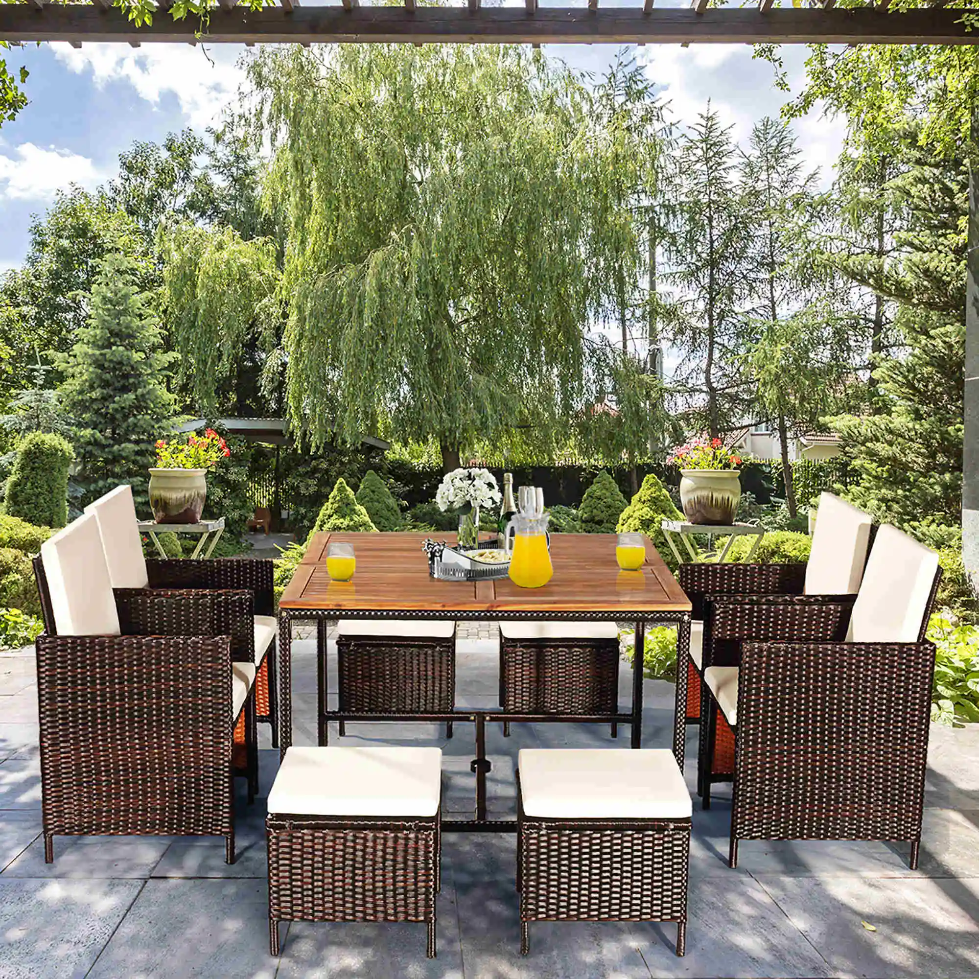 

9PCS Patio Rattan Dining Set Cushioned Chairs Ottoman Wood Table Top White