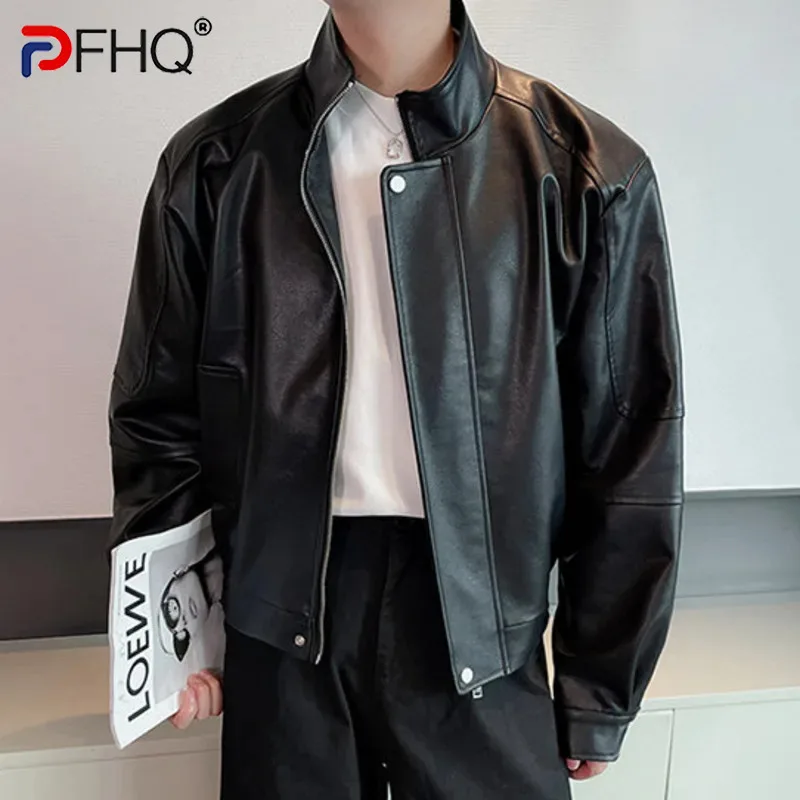 

PFHQ Men's PU Leather Coats Business Casual Stand Collar Zipper Solid Color Loose Autumn Male Short Jackets Stylish 9C7655