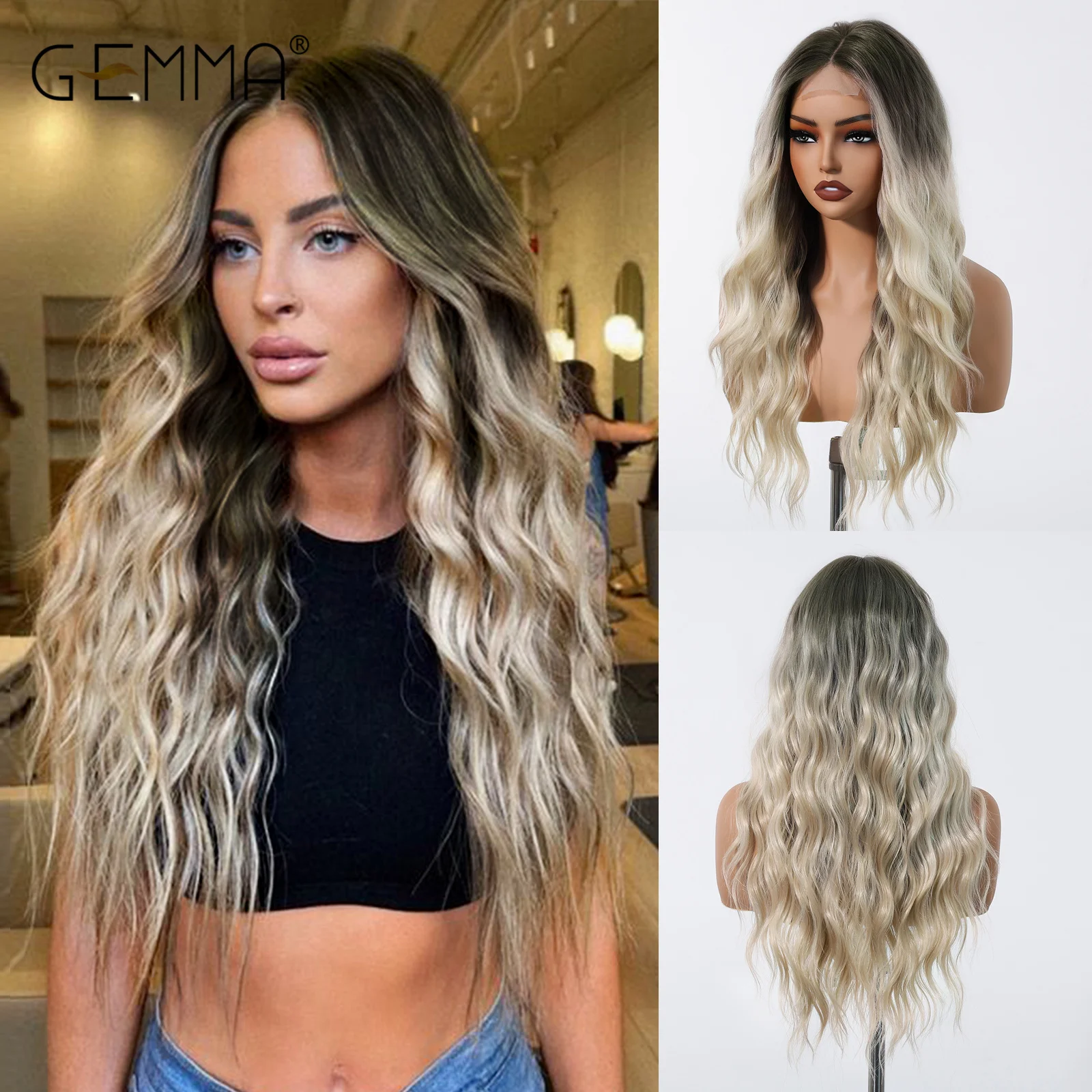 GEMMA Long Curly Ombre Dark Brown Blonde Synthetic Hairline Lace Wigs Natural Looking Hair Cosplay Wig for Women Heat Resistant