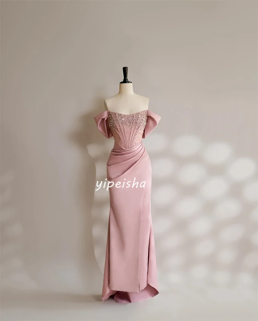 Customized Exquisite Jersey Sequined Pleat Ruched A-line Off-the-shoulder Strapless Long Dresses Cocktail Dresses Classic Modern