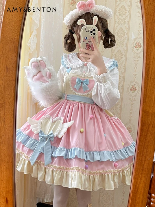 

Daily Sweet Lolita Dress for Women Summer New Kawaii Bow Ruffled Slim JSK Dresses Cute Patchwork Color Princess Ball Gown Dress