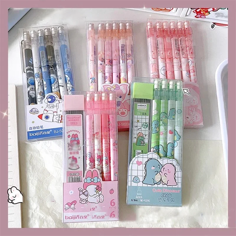 

Cute Peach Dinosaur Mechanical Pencils with Refill Leads Erasers Kawaii Automatic Pencils Korean Stationery for School Office