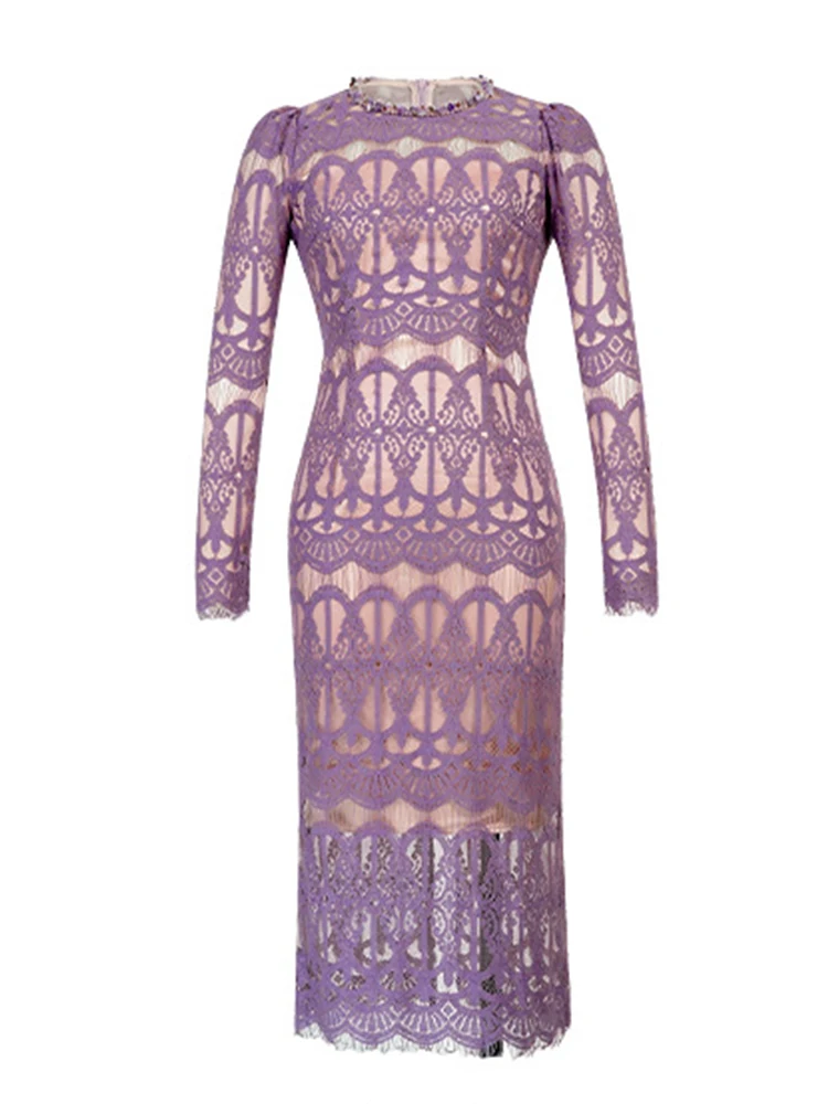 Women's Elegant Romantic Party Dress Lady Chic Sheer Lace Hook Flower Hollow Colored Diamond Neckline Robe Femme Prom Vestidos