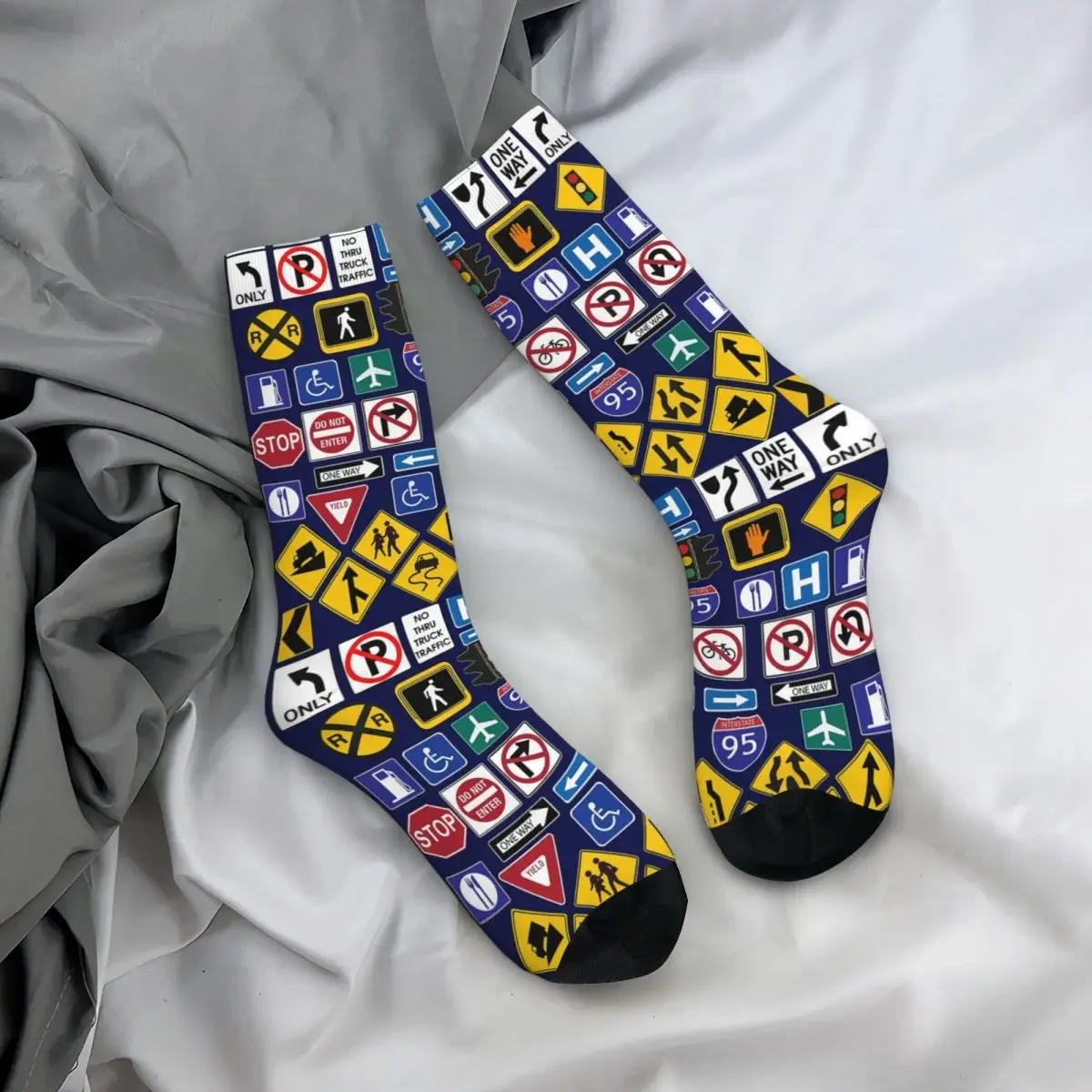 Road Signs, Regulations Signs Socks Harajuku Sweat Absorbing Stockings All Season Long Socks for Unisex Birthday Present