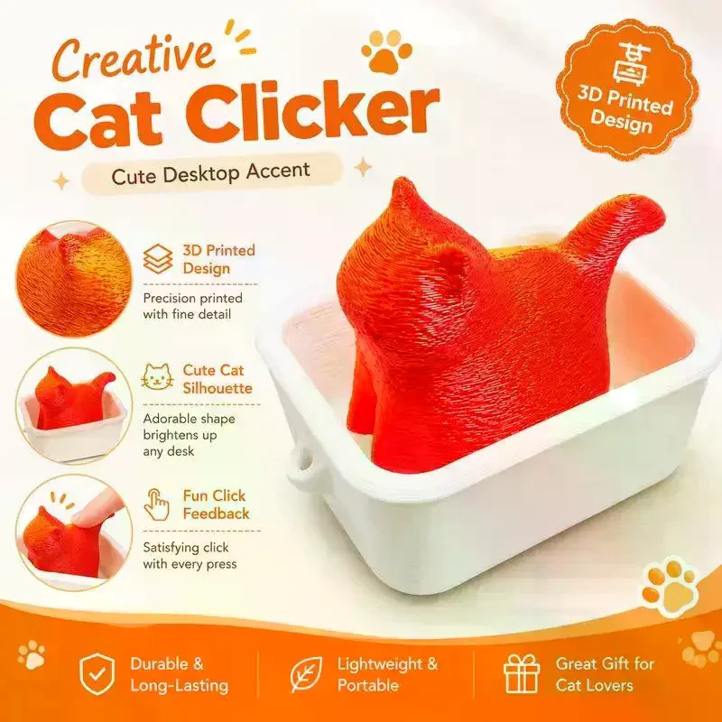 Cat Clicker 3D Printed With Satisfying Feedback Adorable Shape For Office Decor Stress Relief Fidget Use