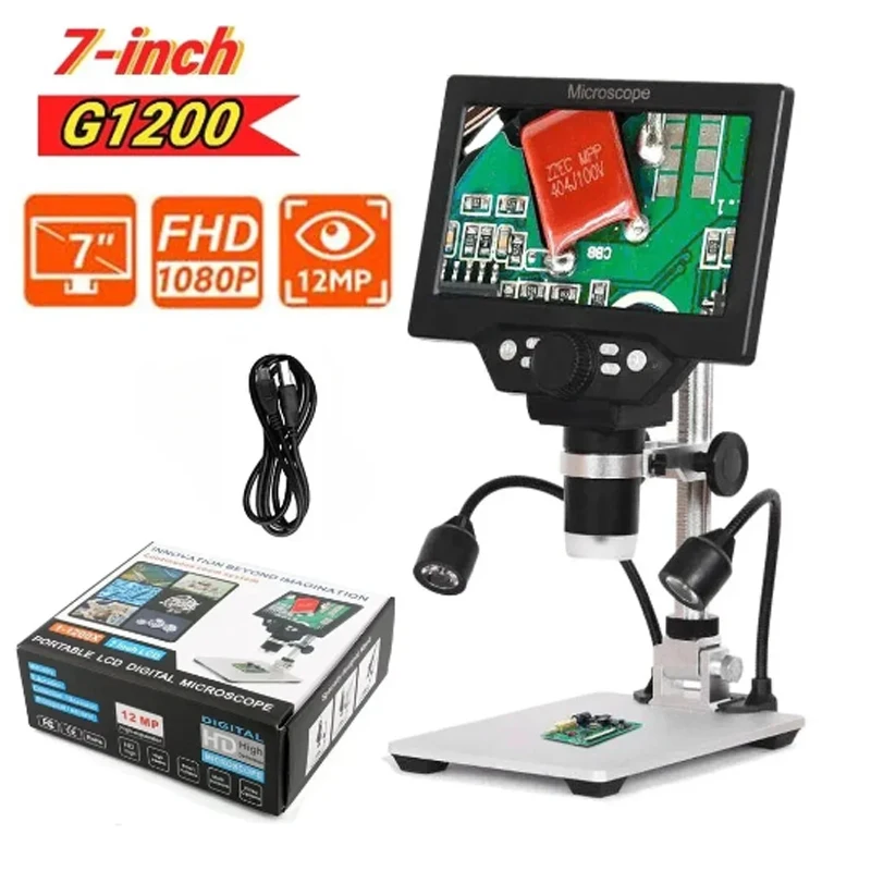 

1200X Digital Microscope 12MP Electronic Video Microscopes 7 Inch HD LCD Soldering Phone Repair Magnifier Metal Stand PC View