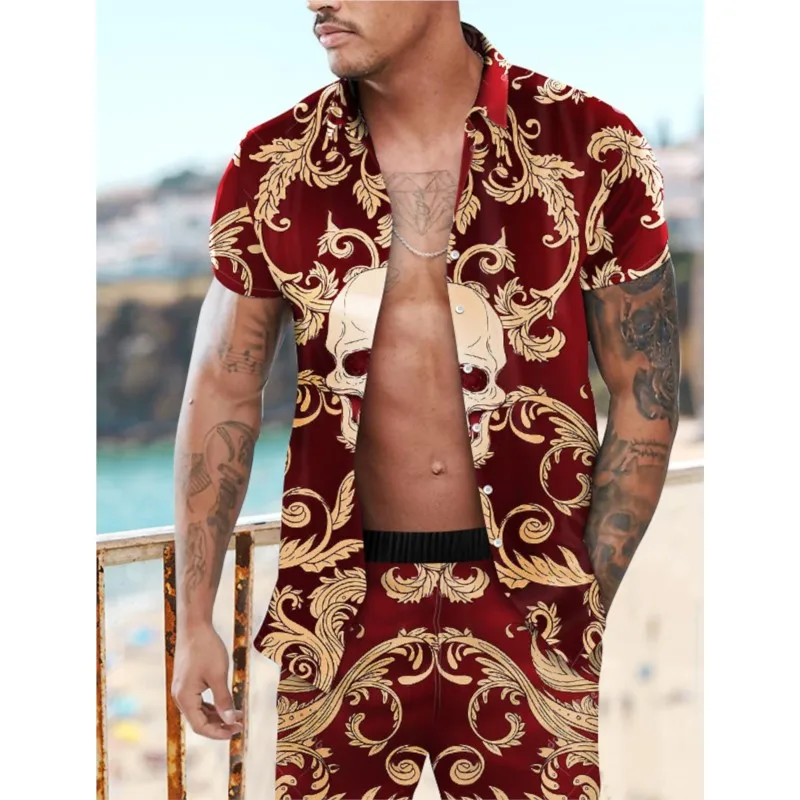 

Hawaiian Shirt Men's Sets Funny 3D Skull Print Short Sleeve Shirts Shorts 2 Piece Outfit Casual Trend Clothing Summer Loose Suit