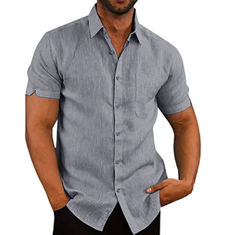 Summer Men\'s Short Sleeve Shirt Fashion Solid Color Linen Cotton Breathable Leisure Lapel Button T-shirt Business Casual Shirt