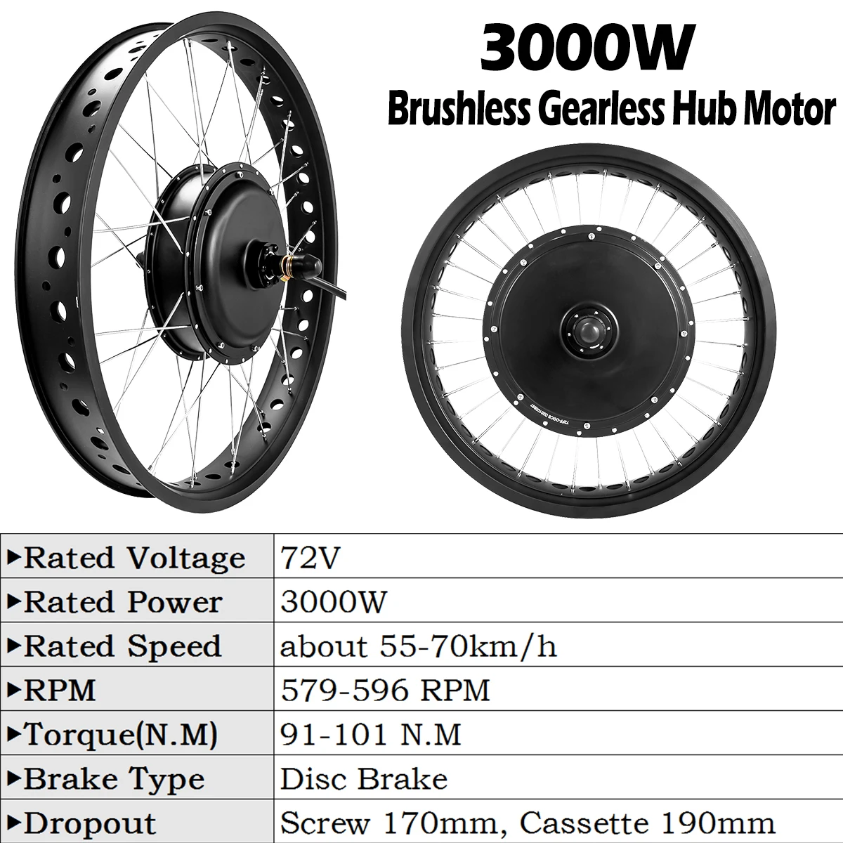 20in 26in Electric Fat Bike Conversion Kit with Tyre 72V 3000W Rear Wheel Brushless Gearless Hub Motor Wheel with LCD3 Display