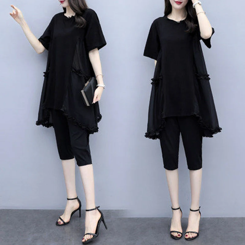 Slimming Large Size Women's Summer Fashion Set Midi Skirt Top up to 35 Years Old Women's Premium Quality Polyester Blend