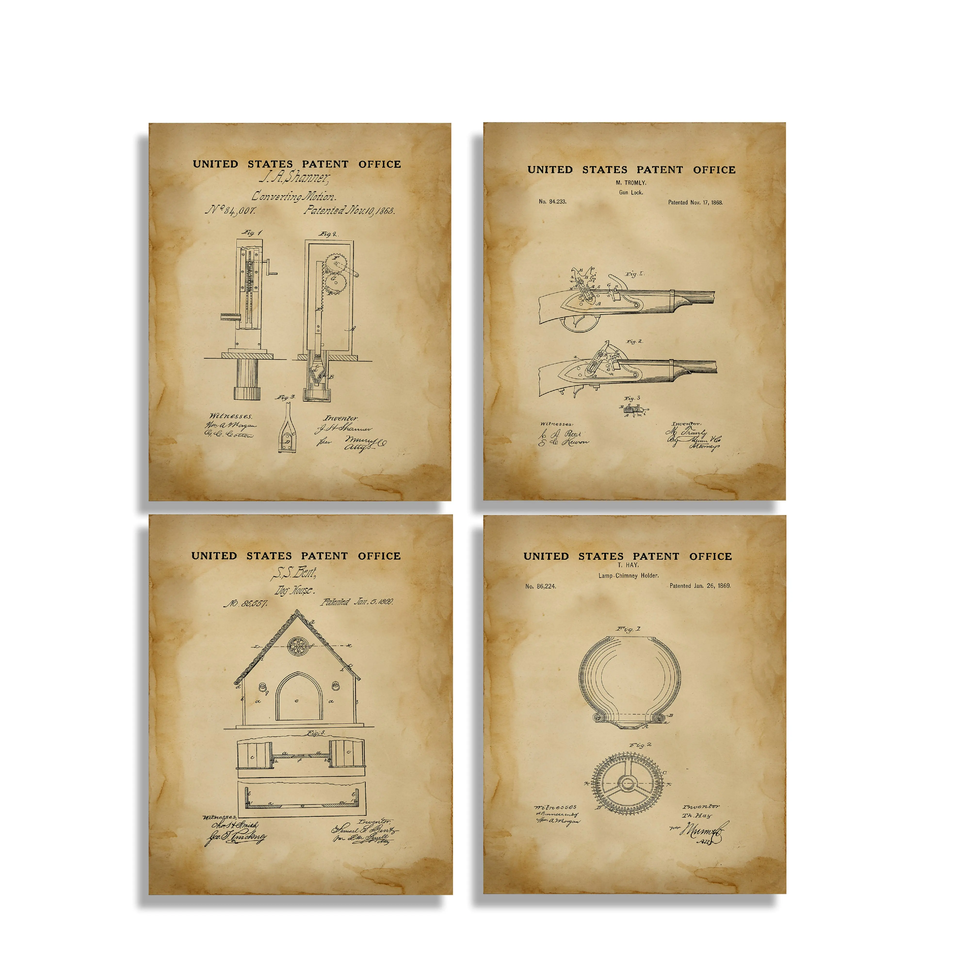 A4 - Juego de carteles de 21 x 29,7 cm Movimiento de conversión, candado para pistola, caseta para perros, soporte para pantallas de lámpara – Impresiones técnicas vintage8x10 sin marco