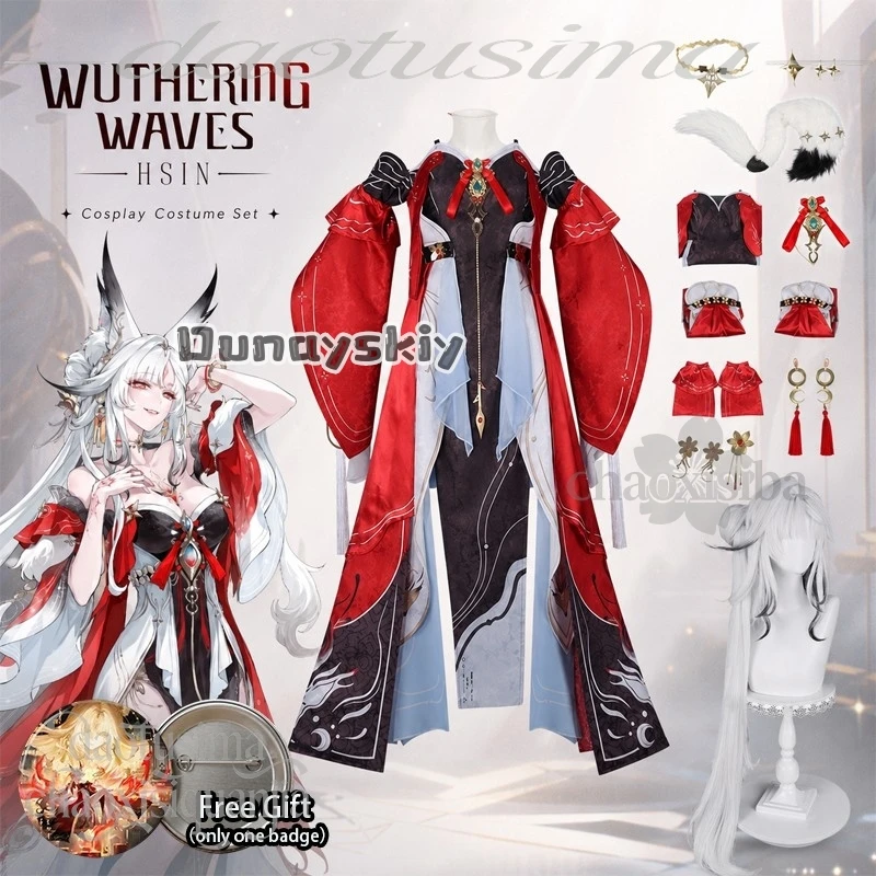 Disfraz de Cosplay del Anime Wuthering Waves, Estilo Chino Hanfu, Vestido Rojo Largo Retro, Orejas de Zorro Peludas, Cola y Pelucas para Halloween