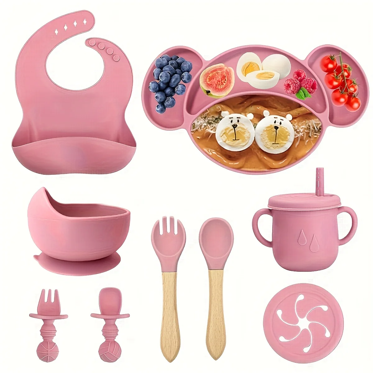 

9-piece silicone feeding tableware set for babies and mothers, specially designed for babies to learn to eat