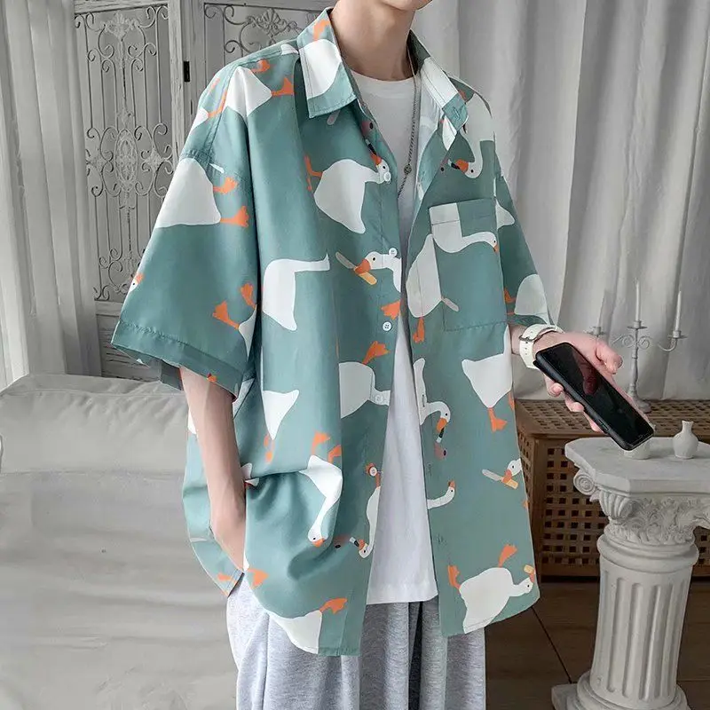 Beach Duck Full Print Shirt Women and Men Handsome Hawaiian Shirt Summer Hong Kong Style Loose Casual Button Up Shirt Couple Ins