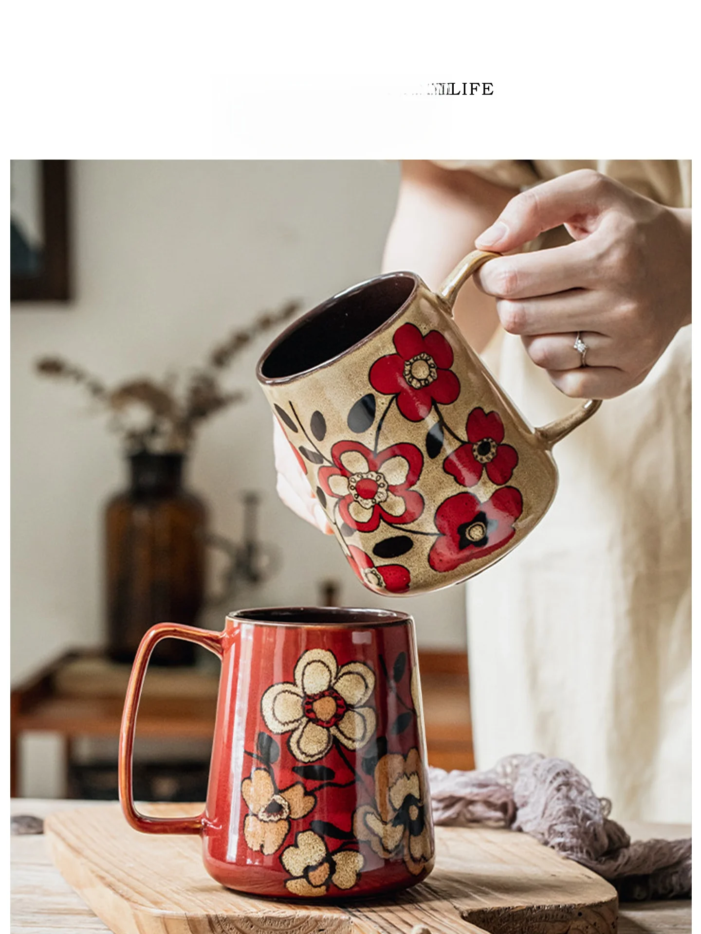 Tlife Retro Sle Hand-Painted Large Capaci Cerc Mug Office Coffee Cup with Wood Lid Plant Floral Design Single Ear Handle