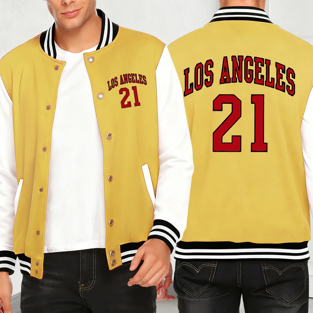 

Los Angeles Number 21 Print Men Y2K Coat Autumn Fashion Fleece Streetwear Casual Hip Hop Jacket Loose Soft Baseball Jersey