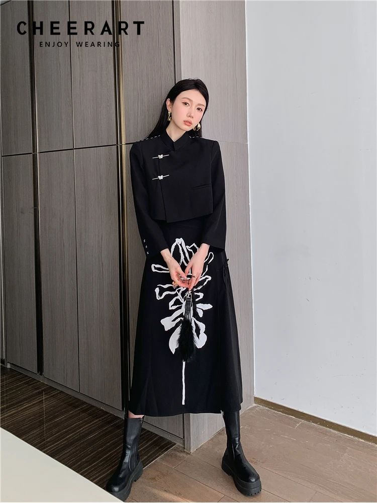 CHEERART Vintage Blazer Skirt 2 Piece Sets Women Outfit Spring Black Jackets And Skirts Contrast Stitch Fashion 2023 Outfit