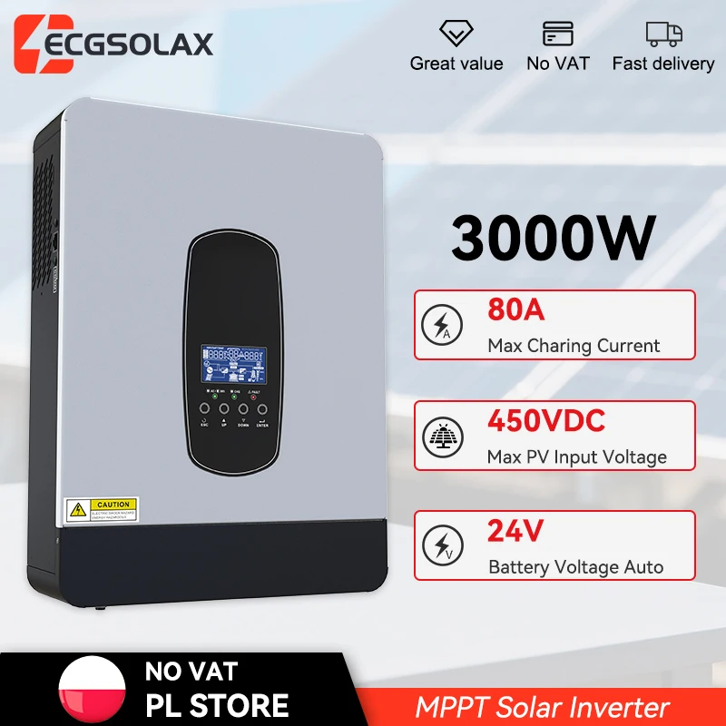 ECGSOLAX 3KW 24V Hybride Solar Inverter 230Vac MPPT 80A Laadregelaar Off-Grid Zonne-energiesysteem Inverter