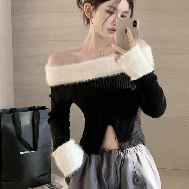 Slash Neck Pullovers Women Autumn Slit Fluffy Patchwork Cropped Knitted Sweater Design All-match Sexy Hot Girls Soft Slim Casual