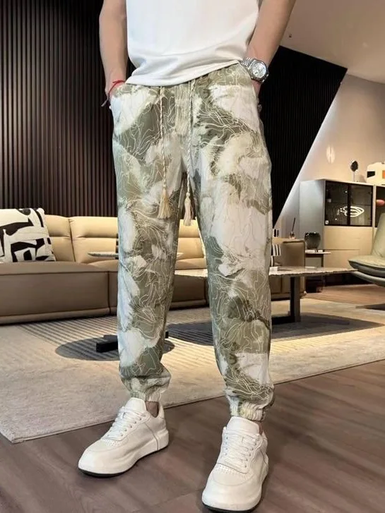 

Lightweight Summer Ice Silk Men's Casual Pants Faionable Print Loose Fit Nine-Foot Bundled Cuff Trousers Versatile Casual Wear