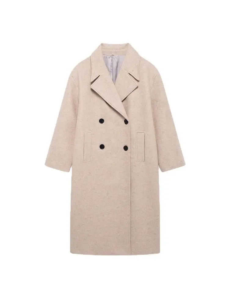 Women\'s Double Breasted Loose Woolen Coat, Lapel Collar, Long Sleeve, Female Outerwear, Chic Overcoat, Fashion