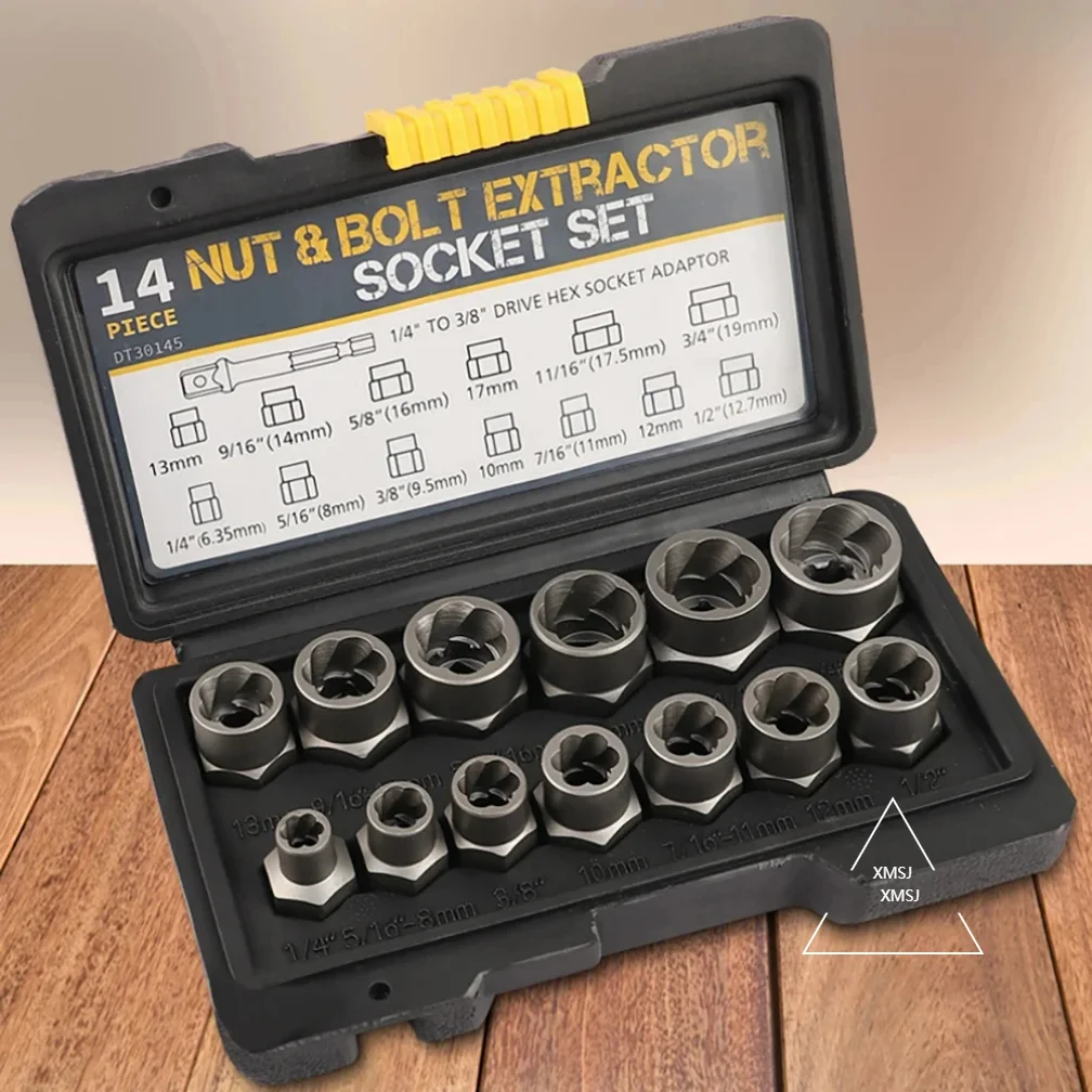 14 Pieces Impact Bolt & Nut Remover Set Cr-Mo Steel Bolt Extractor Tool Set with Solid Storage Case for Industrial Drop Shipping