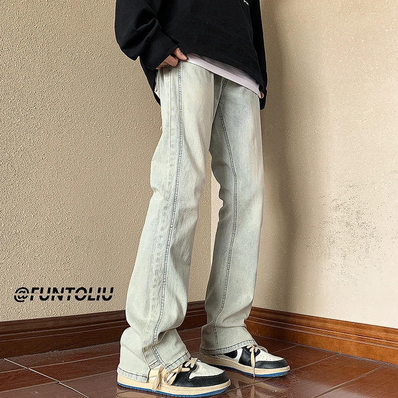 

Мужские джинсы-клеш в американском стиле, весенне-осенние, прямые, в стиле High Street, цвета желтой глины, повседневные, ретро, универсальные, длинные брюки