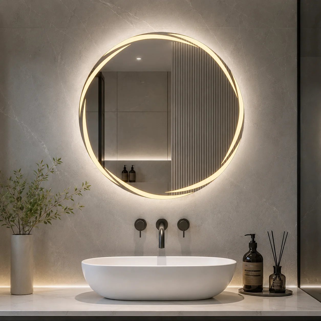 60cm Round LED Bathroom Mirror Anti Fog Touch Switch Large Decorative Wall Mirror for Bathroom Vanity 3 Color Light Touch Switch