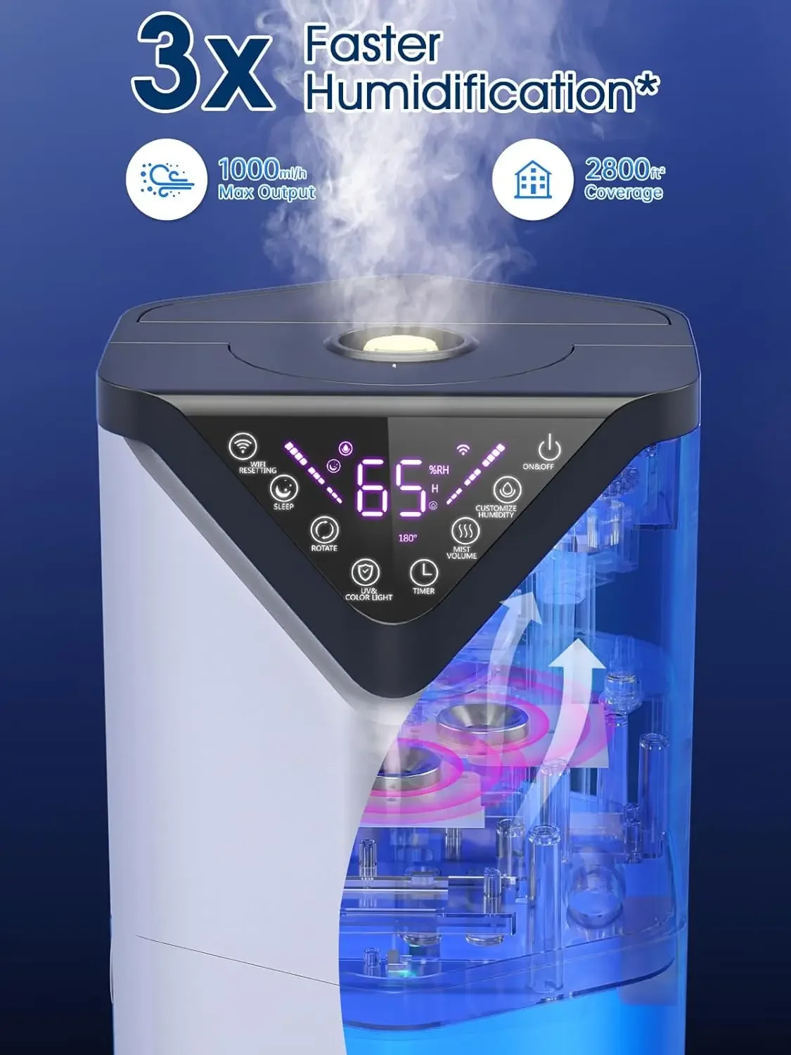 Humidifier for home Large Rooms up to 2800 ft², Wi-Fi APP and Remote Control, 5Gal 1000ml / h Mist Output Auto 180°Mist Tube Rot