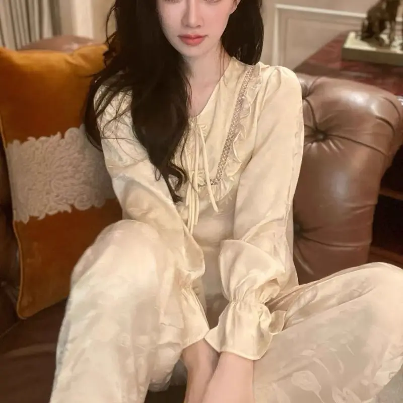 2023 Women\'s 2 Piece Silk Satin Pajamas Print Pijamas Lapel Sleepwear Long Sleeves Female Pyjama Femme Fashion Leisure Homewear