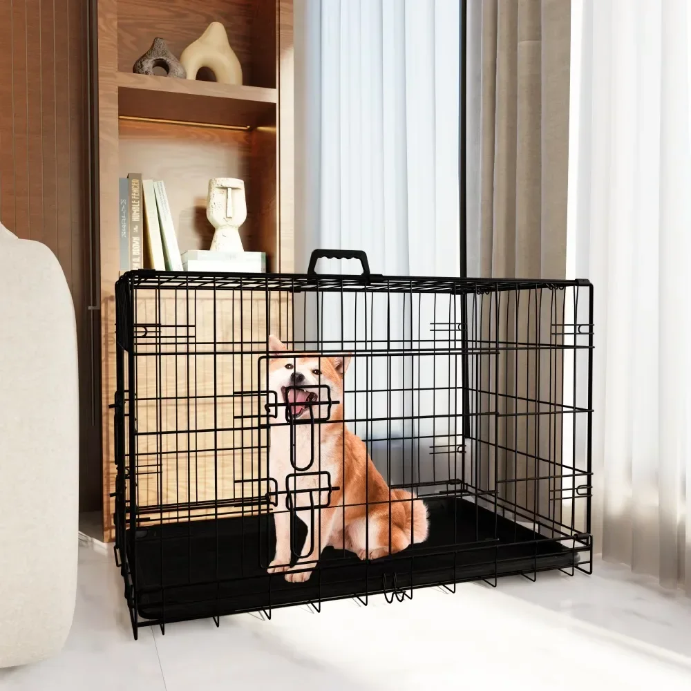 Dog Crate, 36 Inch Medium Dog Cage with Divider and Plastic Leak-Proof Pan Tray, Double Door Folding Metal Wire Cage