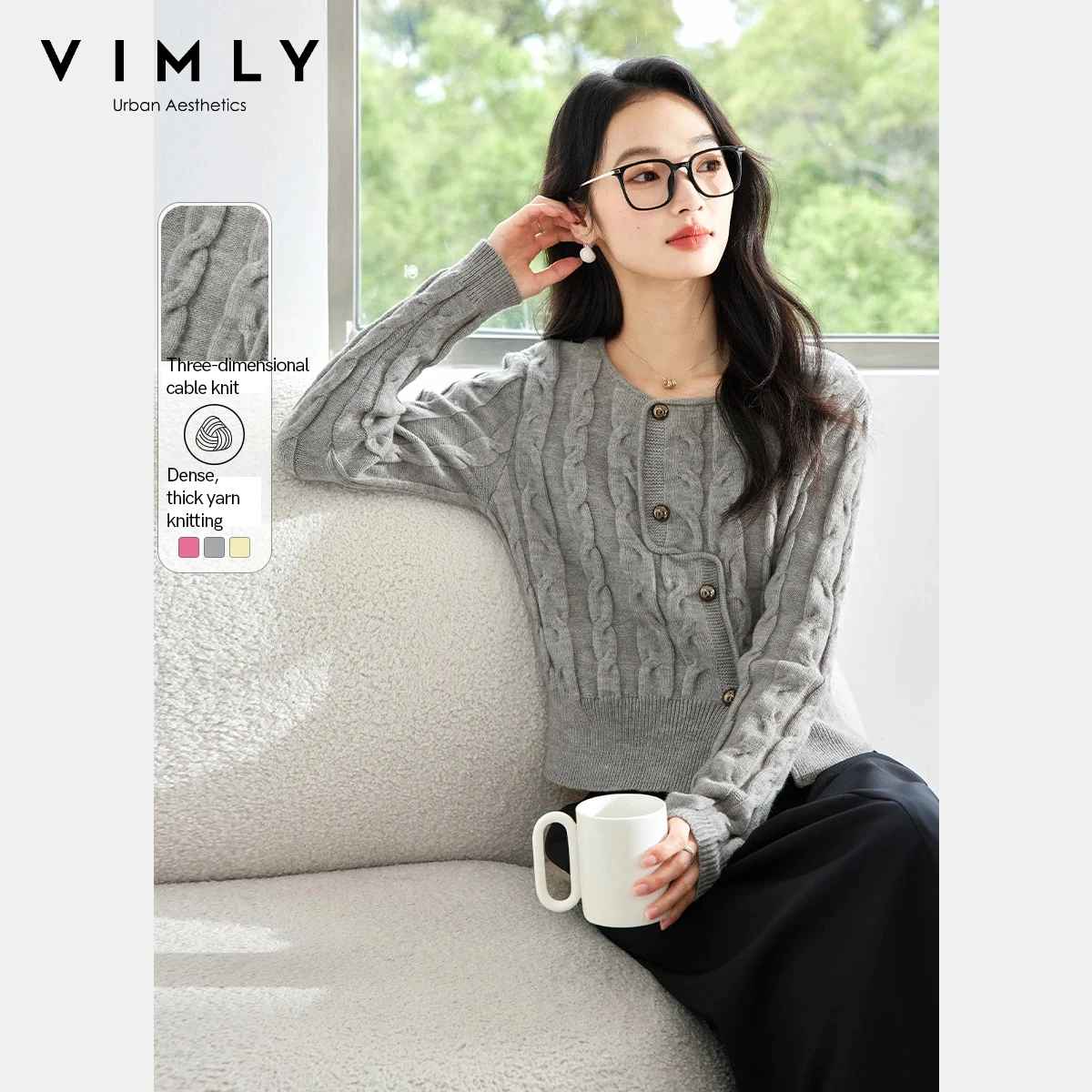 

VIMLY Asymmetrical Cable Knit Sweater Women Autumn 2025 O-neck Solid Slim Fit Pullovers Fashion Fake Buttons Ladies Tops 73251