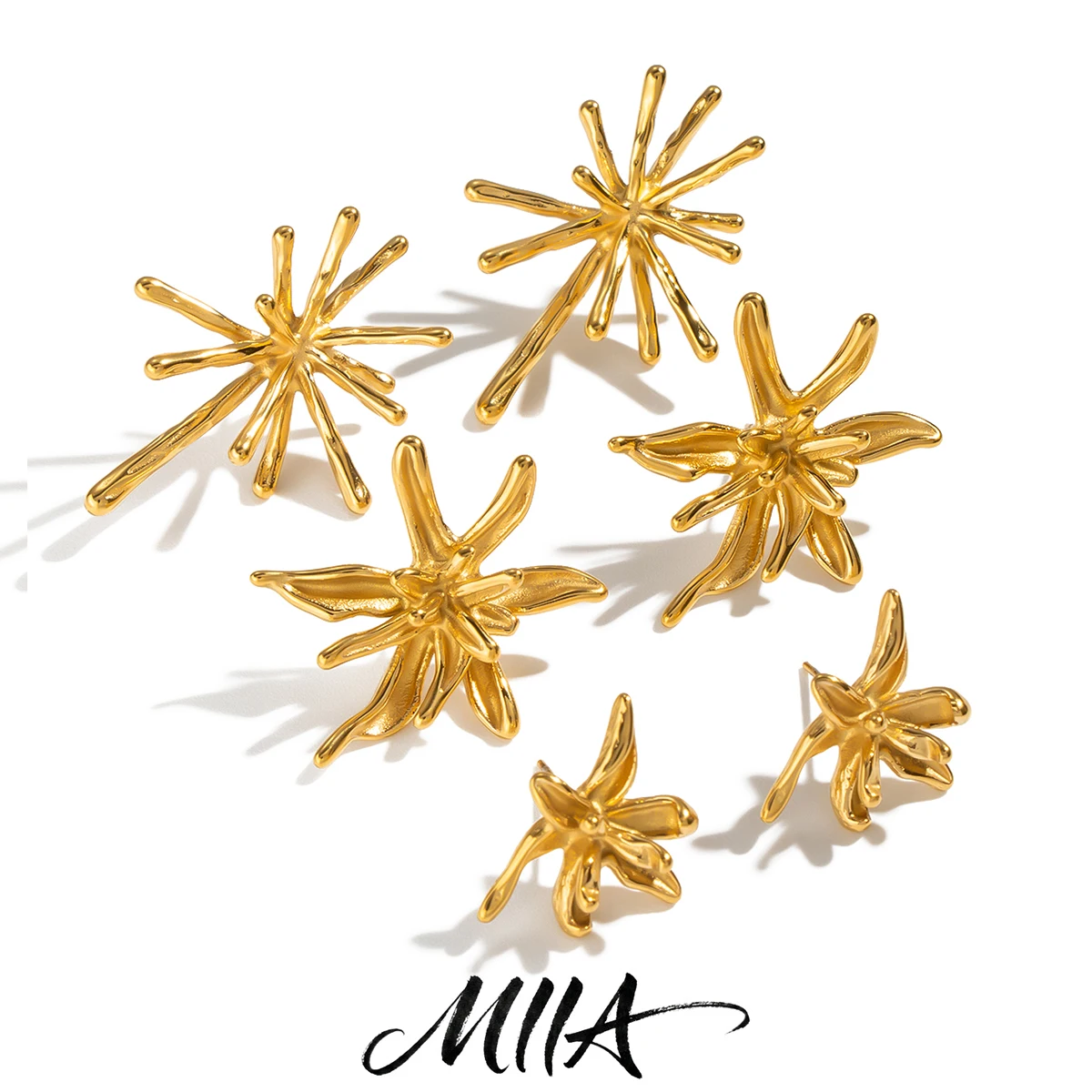 Miia Jewelry 3 Pairs Abstract Floral Starburst Stud Earrings Set 18K Gold Stainless Steel Ladies Jewelry
